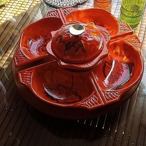 Vintage California Original Pottery- 755-759 Orange Fire Lazy Susan Snack Tray!